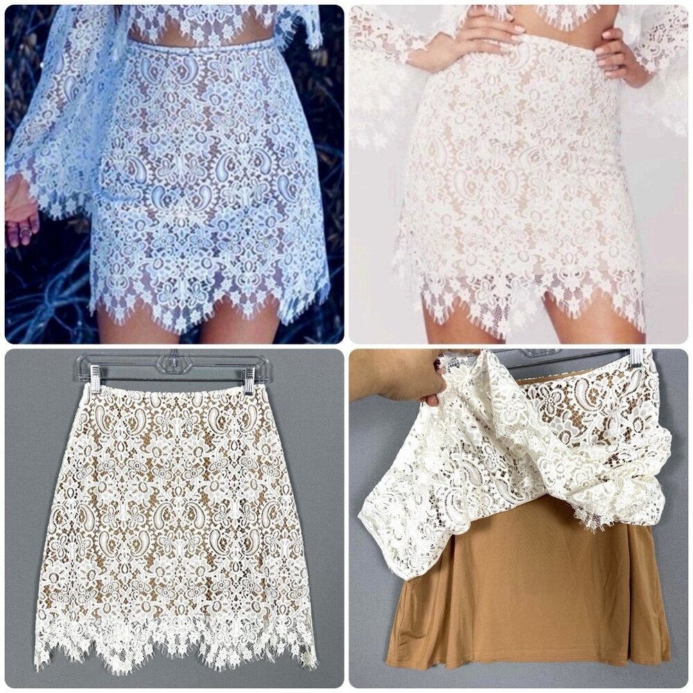 NWT For Love & Lemons Vika Floral Lace Mini Skirt Womens Size Large L White Sexy